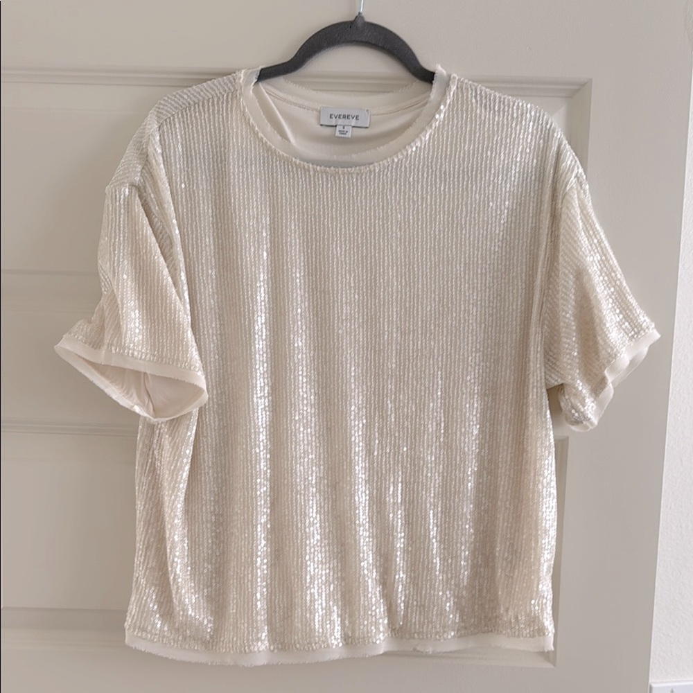 Evereve Cream Sequin Cuffed Sleeve Top